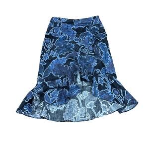 PARKER Marine Safari Blue Floral Ruffle Midi Skirt Size 4 Lined Preppy Glam
